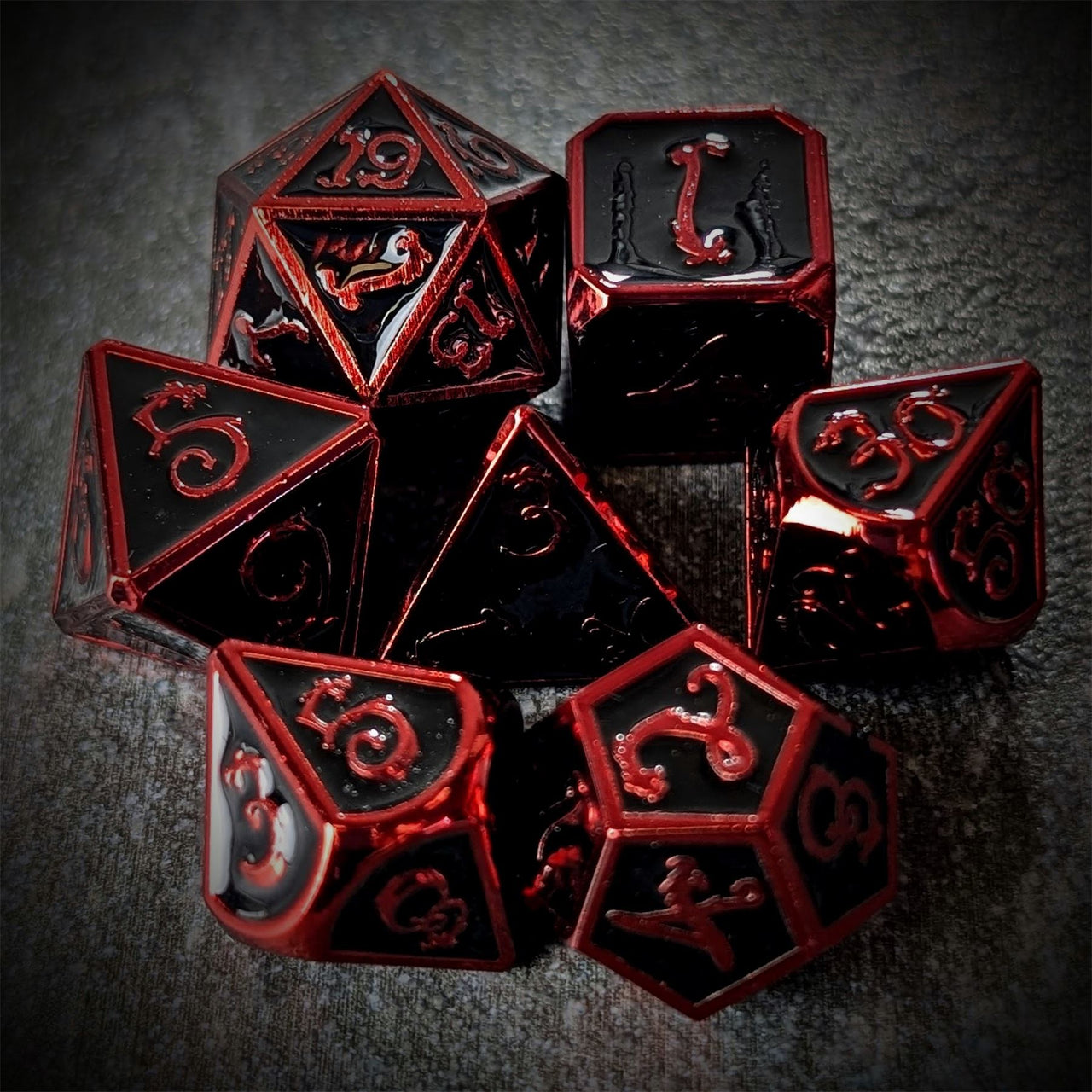 Black Metal with Red Dragon Font - 7pcs RPG Dice Set