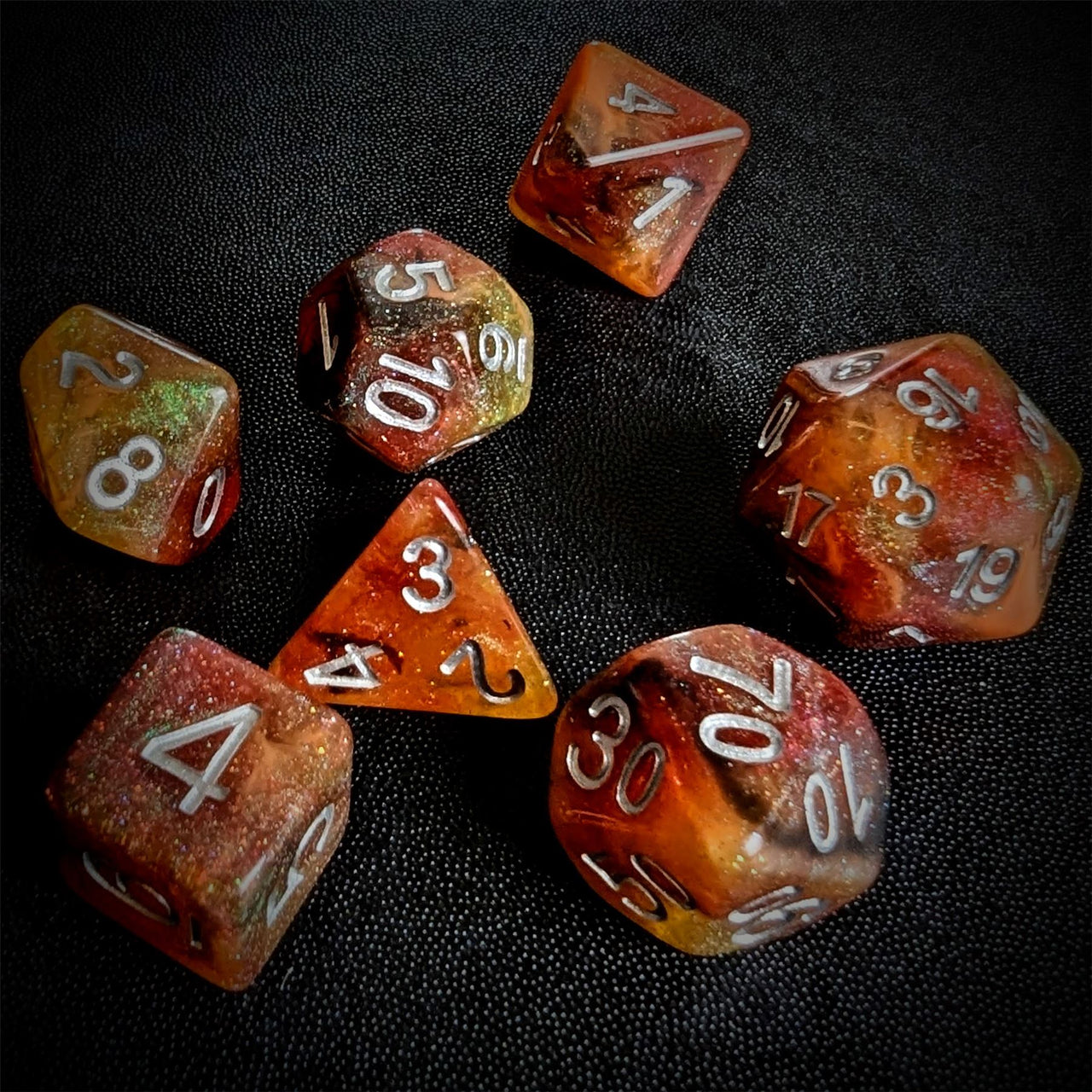 Glitter in Orange & Brown with Gold Resin - 7pcs RPG Full Dice Set