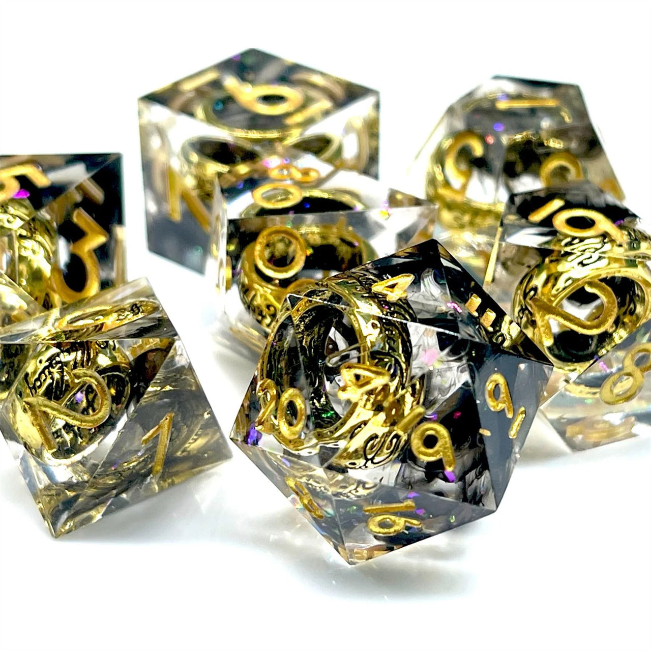 Gold Ring in Black & Clear Filled Sharp Resin - 7pcs RPG Dice Set