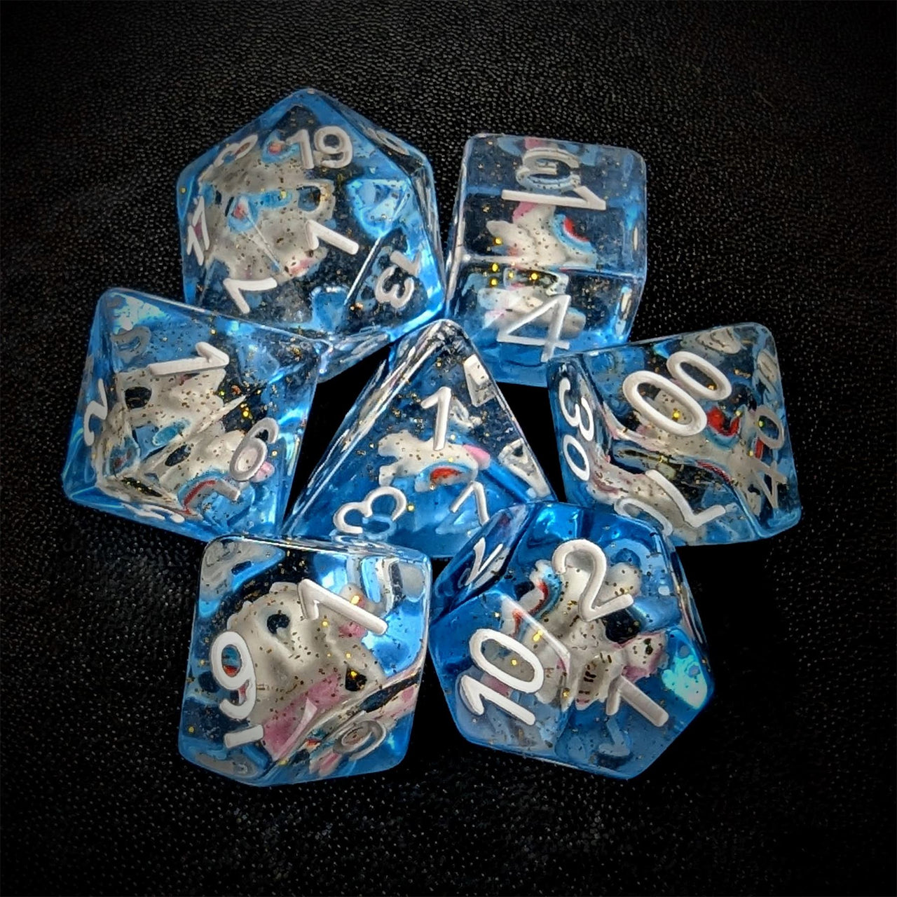 Unicorn in Clear & Blue Resin - 7pcs RPG Full Dice Set