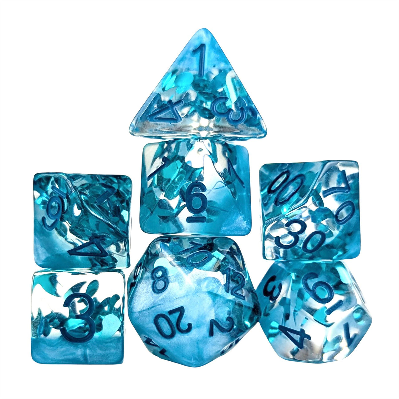 Water Drops in Clear & Blue Resin - 7pcs RPG Full Dice Set