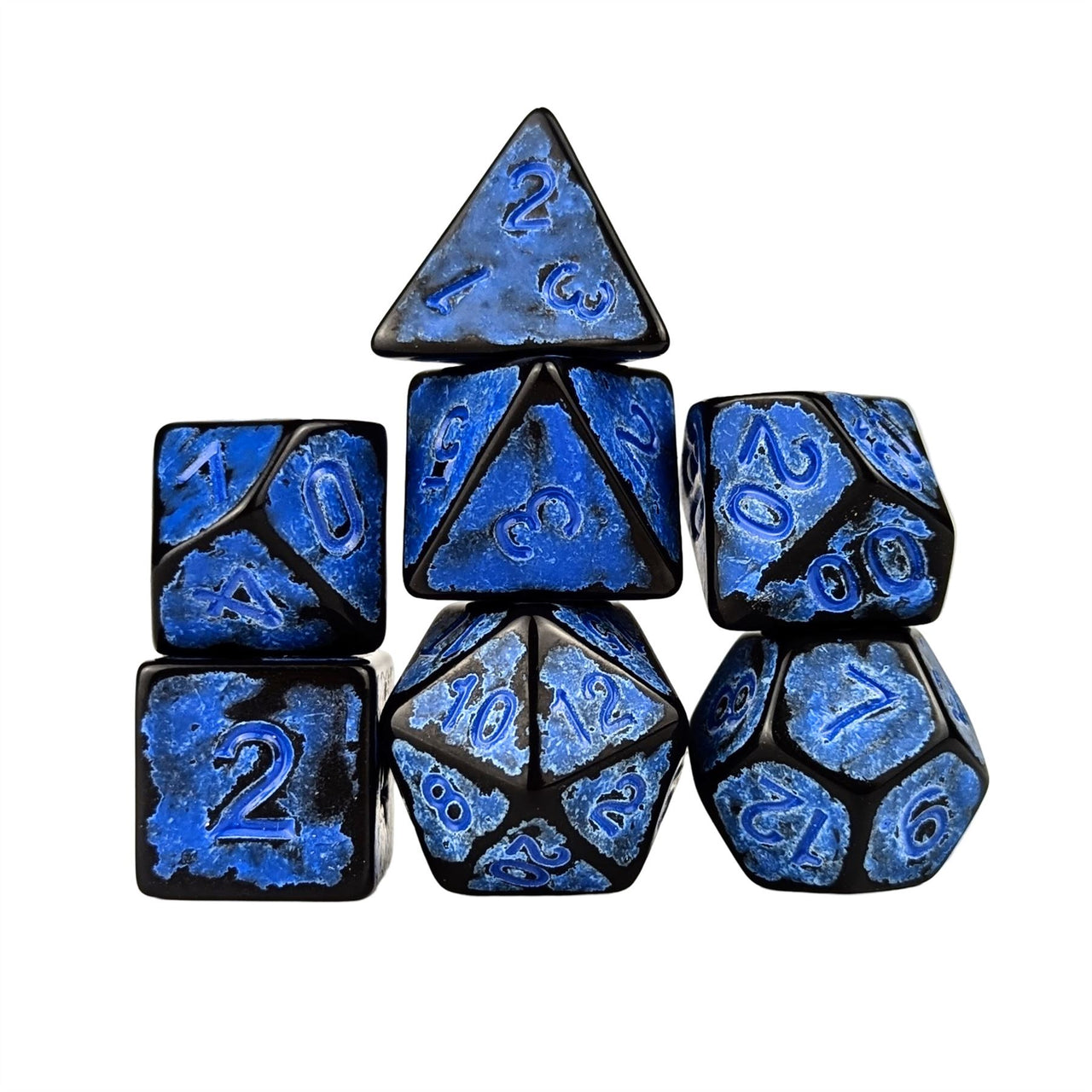 Washed Blue on Black Acrylic - 7pcs RPG Full Dice Set White Stack