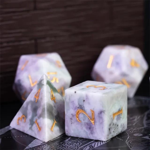 7pcs Dice Gem Stone Jade Gold Font Green White