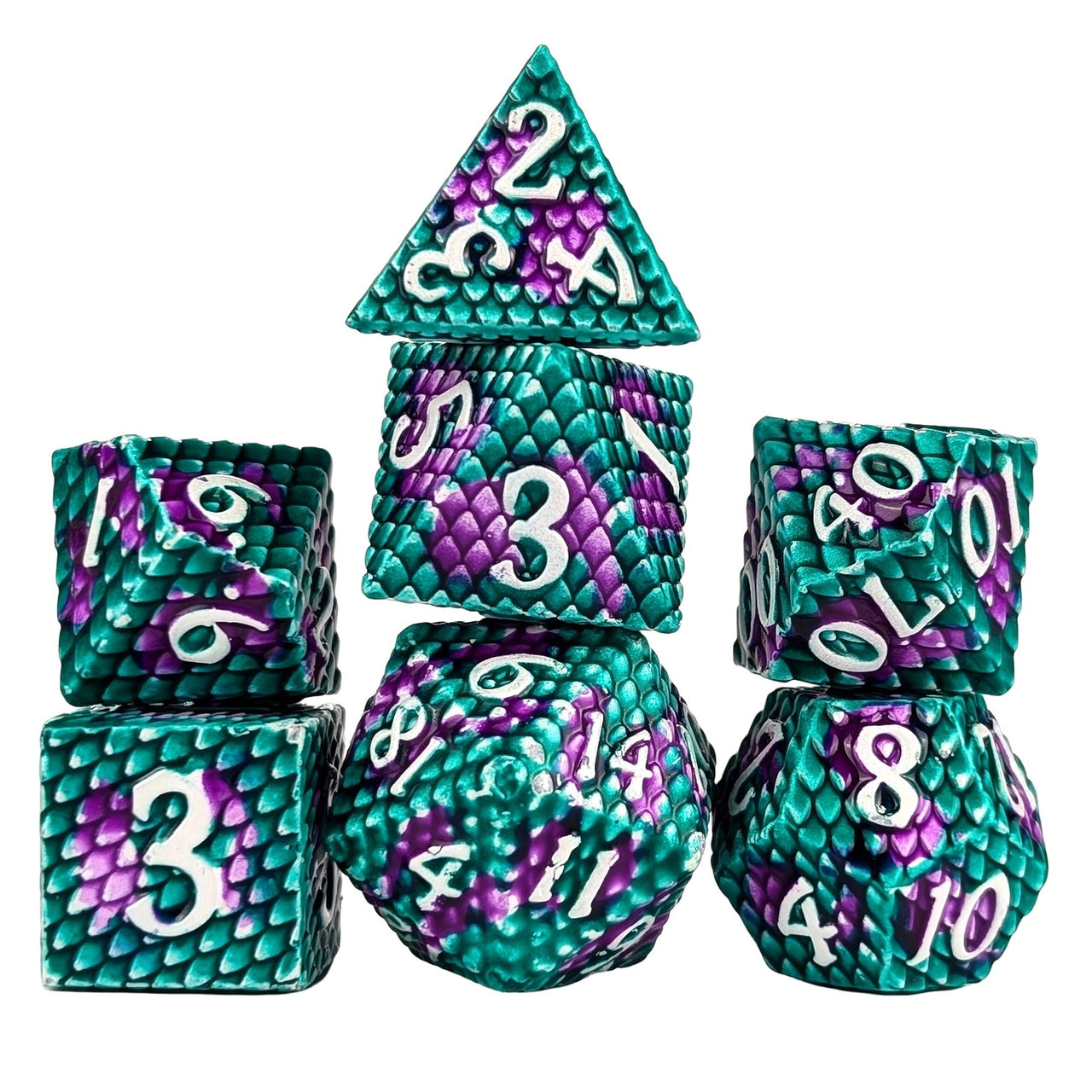 Green & Purple Dragon Scale Metal - 7pcs RPG Dice Set