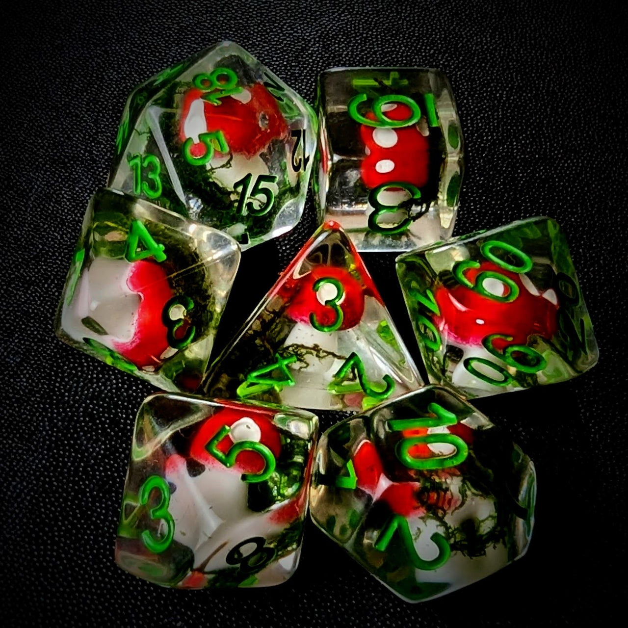 Red Mushroom in Clear Resin - 7pcs RPG Full Dice Set