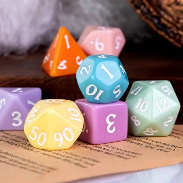 7pcs RPG Full Dice Set - Solid Multicoloured Pastel Resin