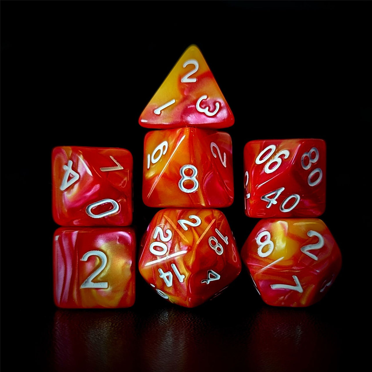 Red & Orange Silk Acrylic - 7pcs RPG Full Dice Set Dark Stack