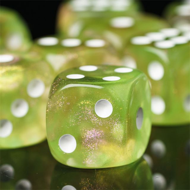 16mm Yellow & Green Acrylic with Glitter - 6pcs D6 RPG Dice Set