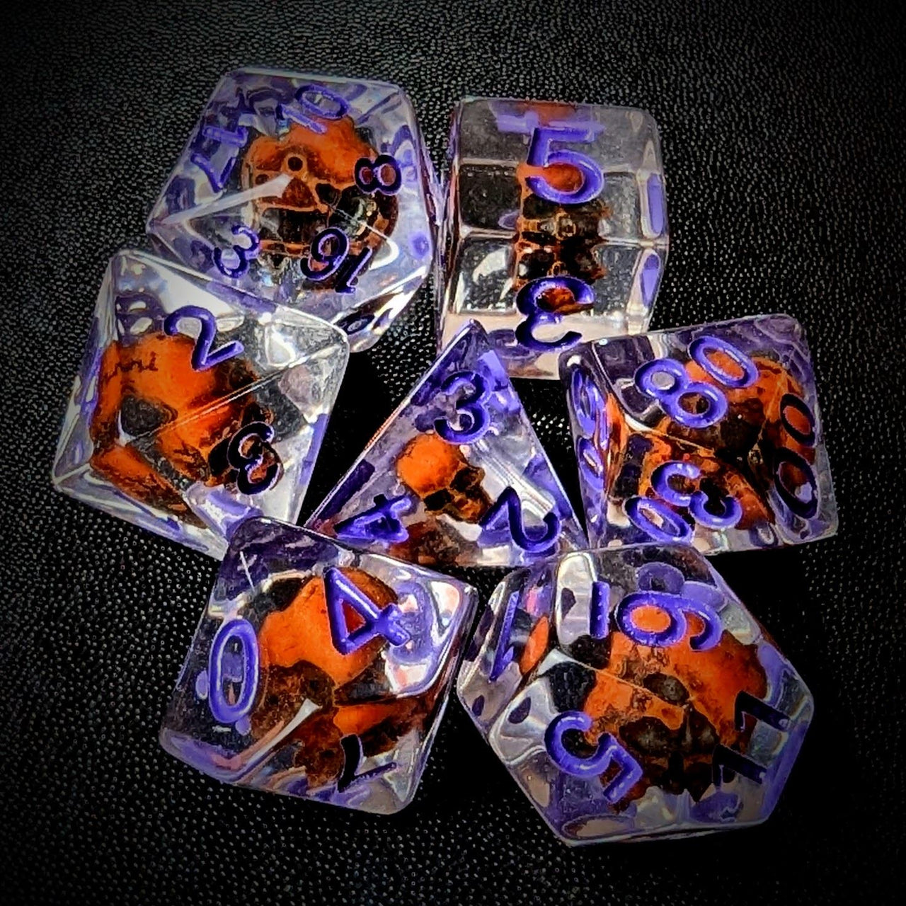 Orange Skull in Clear Resin - 7pcs RPG Full Dice Set