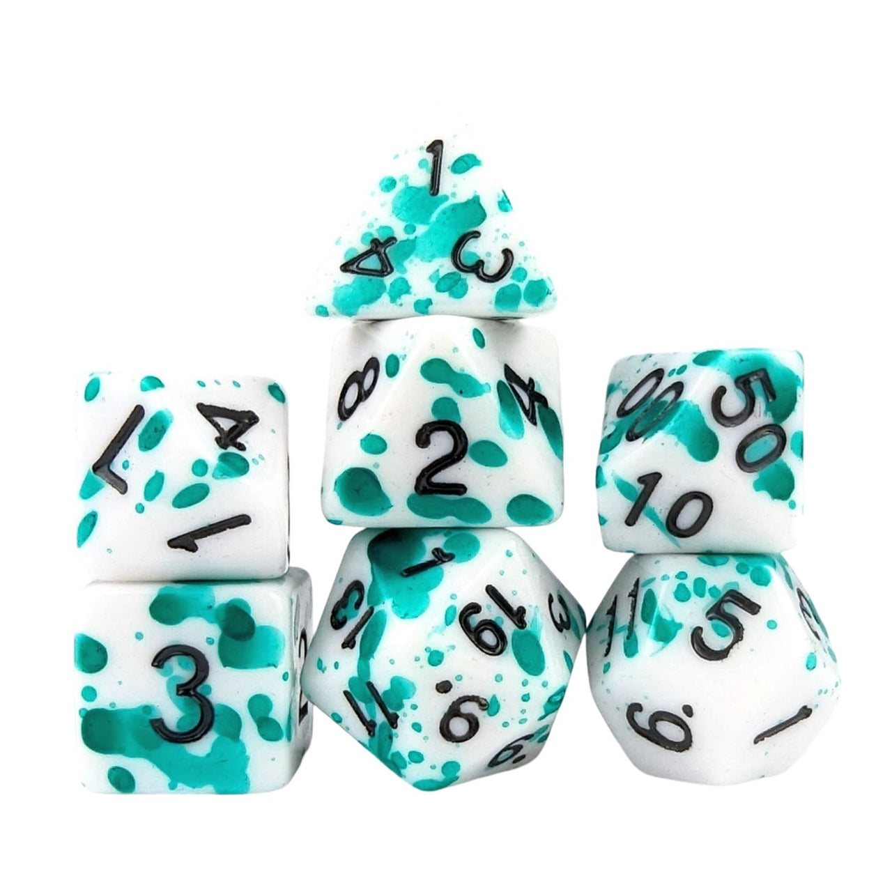 Green Blood Splatter on White Acrylic - 7pcs RPG Full Dice Set White Stack