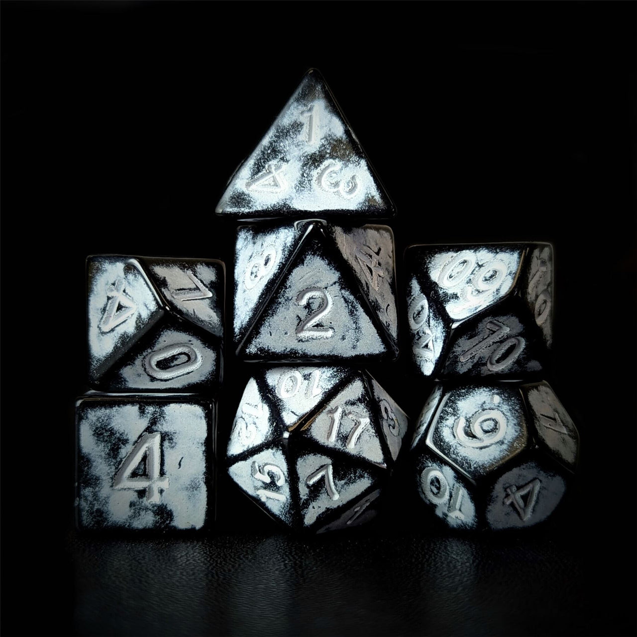 Washed White on Black Acrylic - 7pcs RPG Full Dice Set Dark Stack