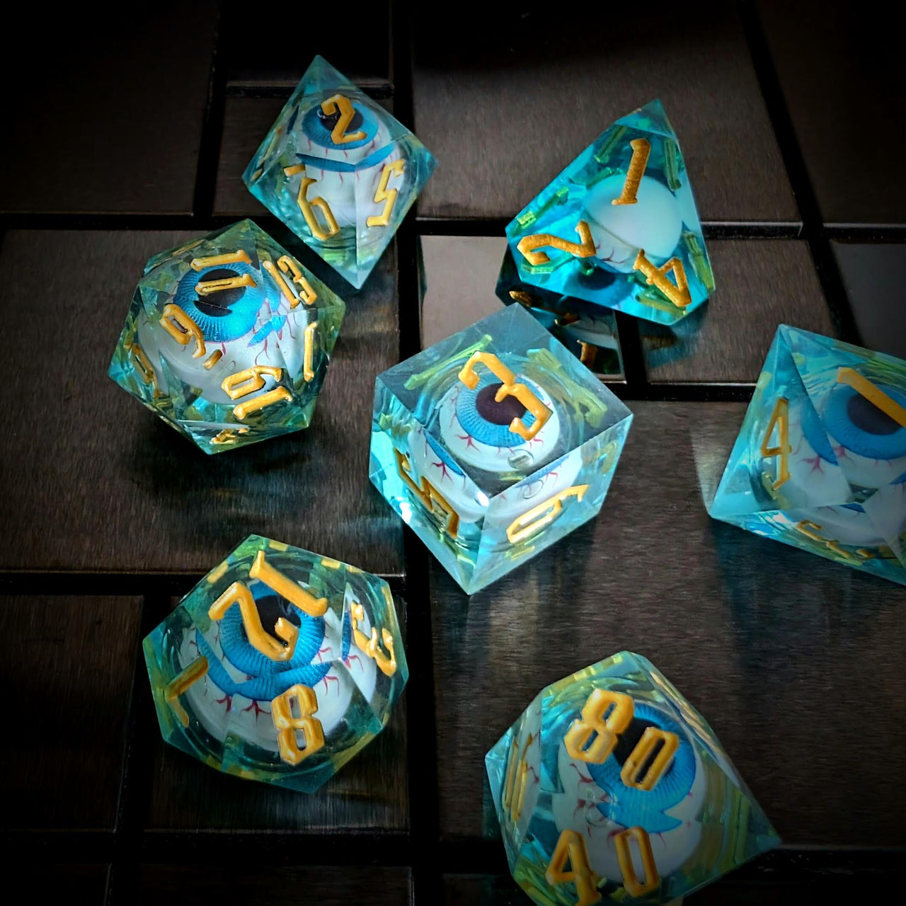 Eye Ball in Blue Filled Sharp Resin - 7pcs RPG Dice Set