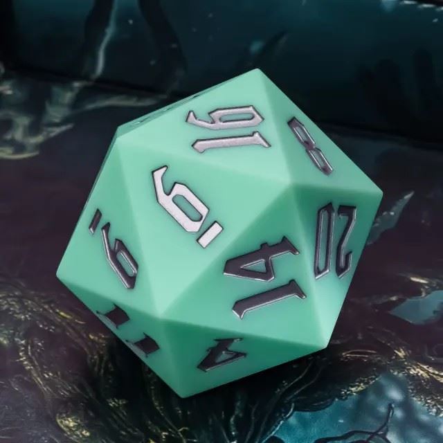 D20 55mm Dice Silicone Solid Silver Font Mint Green