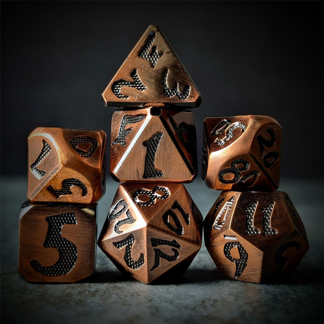 Black Font in Copper Metal - 7pcs RPG Dice Set