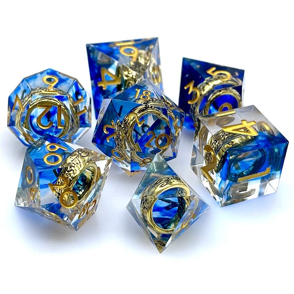 Gold Ring in Blue & Clear Filled Sharp Resin - 7pcs RPG Dice Set