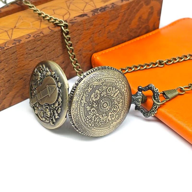 Guitar on Bronze Pocket Watch with Mini Dice - Pendant