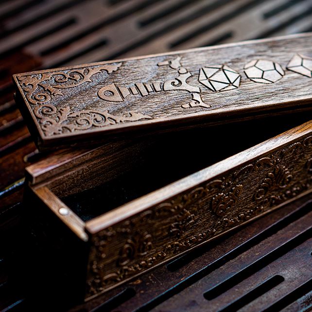 Brown Sword on Walnut Wood -  Sliding Lid Dice Storage