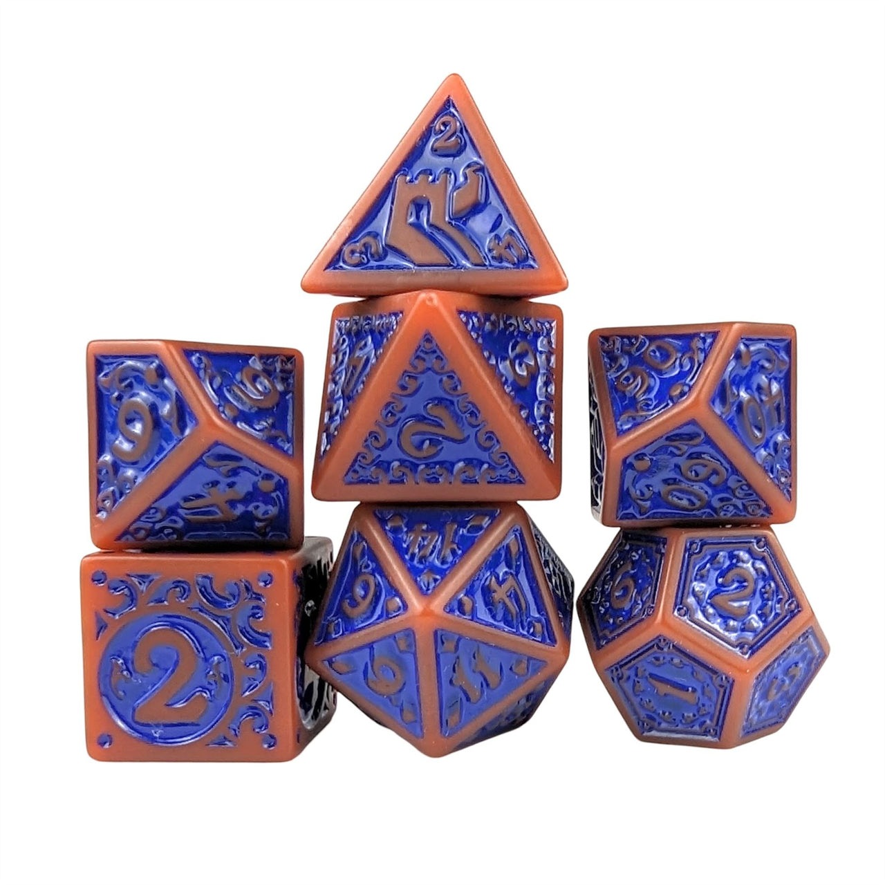 Blue Vines on Brown Acrylic - 7pcs RPG Full Dice Set White Stack