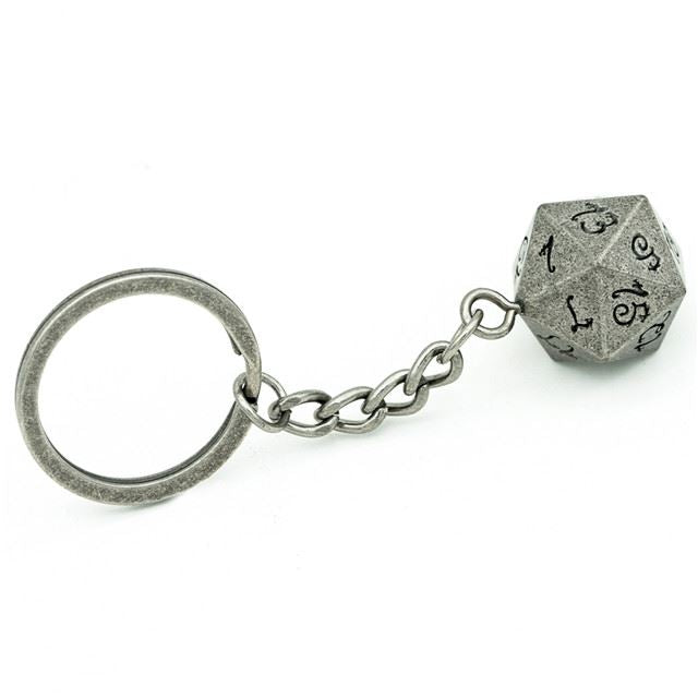 Worn Silver Metal - D20 Keyring