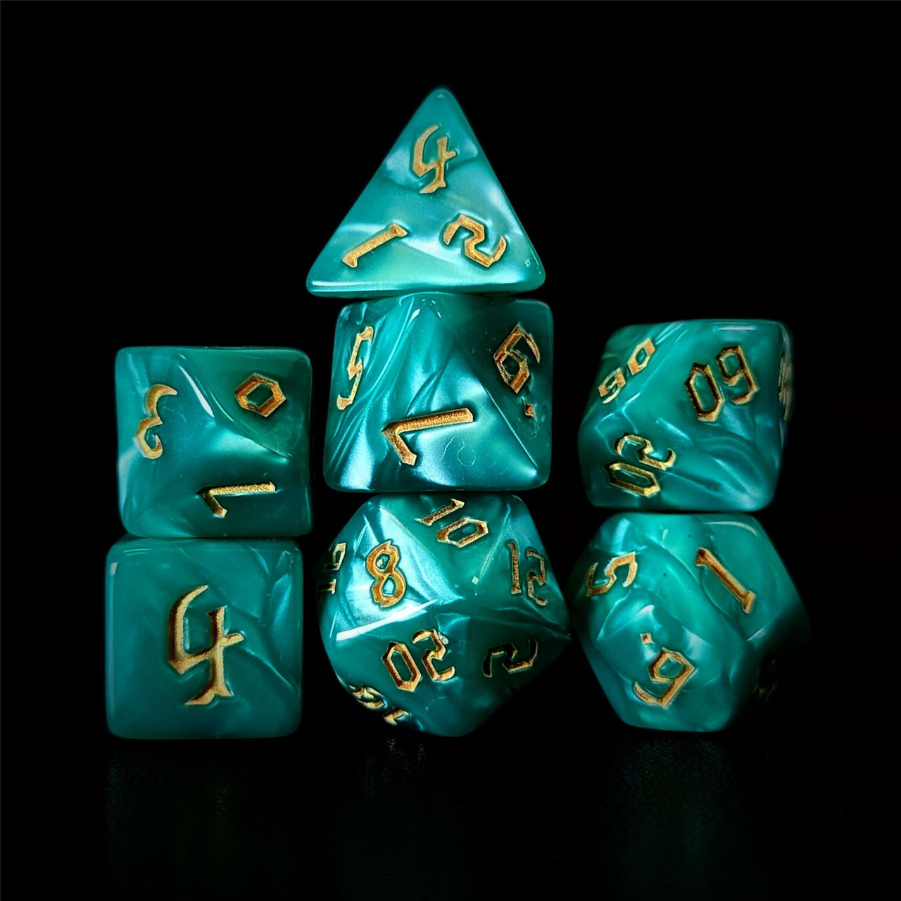 Teal Silk Acrylic - 7pcs RPG Full Dice Set Dark Stack