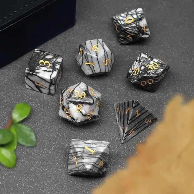 White and Black Marble Gemstone - 7pcs RPG Dice Set