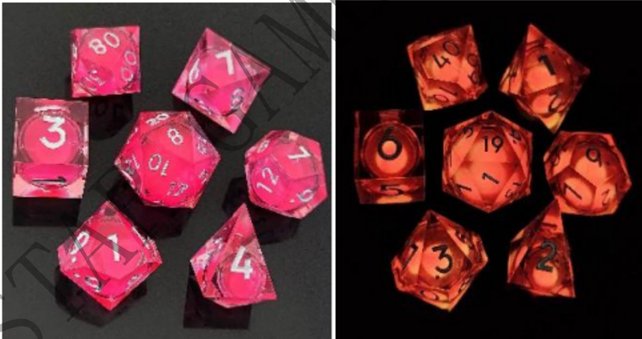 7pcs Dice Sharp Filled Liquid Glow White Font Pink