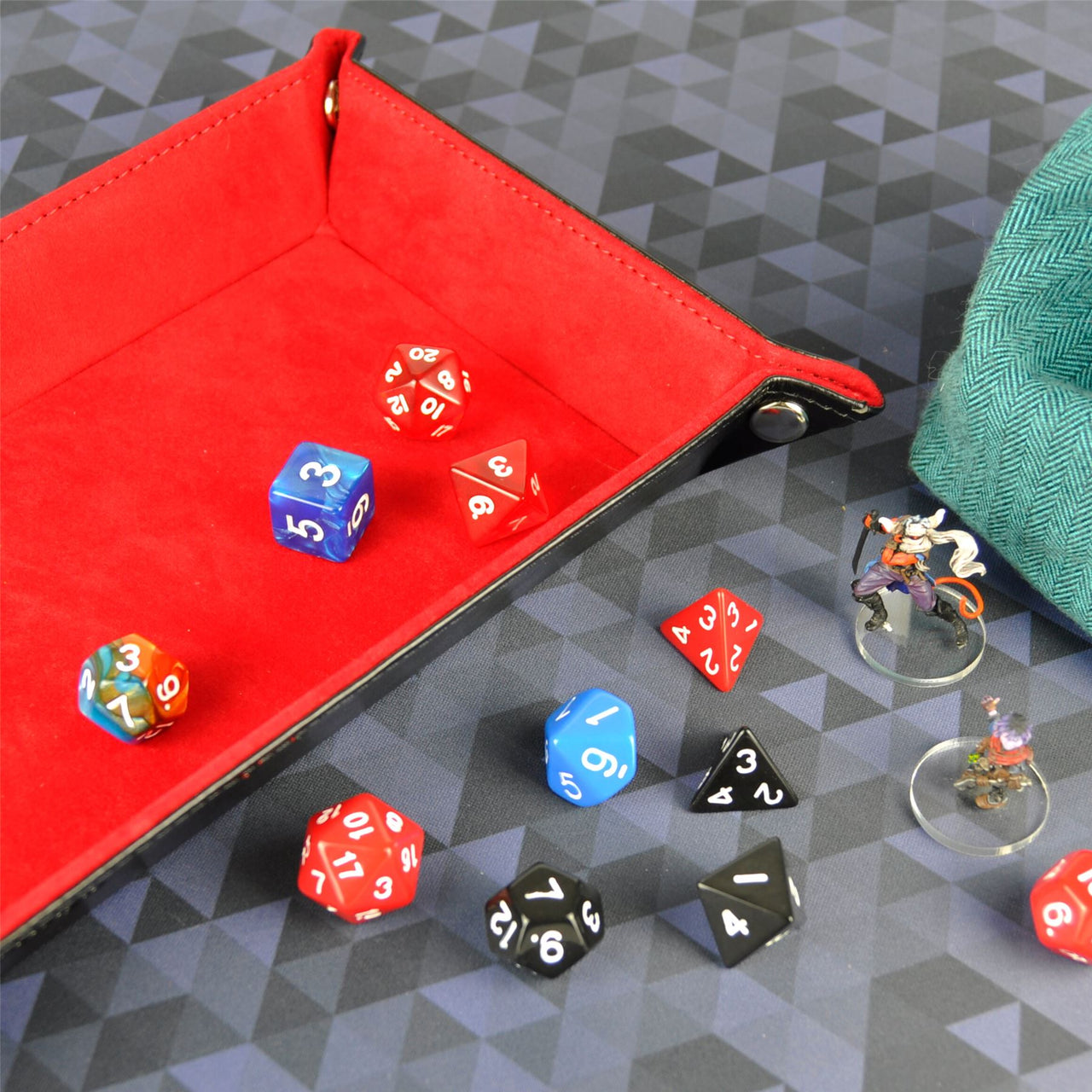 Red Velvet & Blue PU Leather - Rectangle Hard Dice Tray