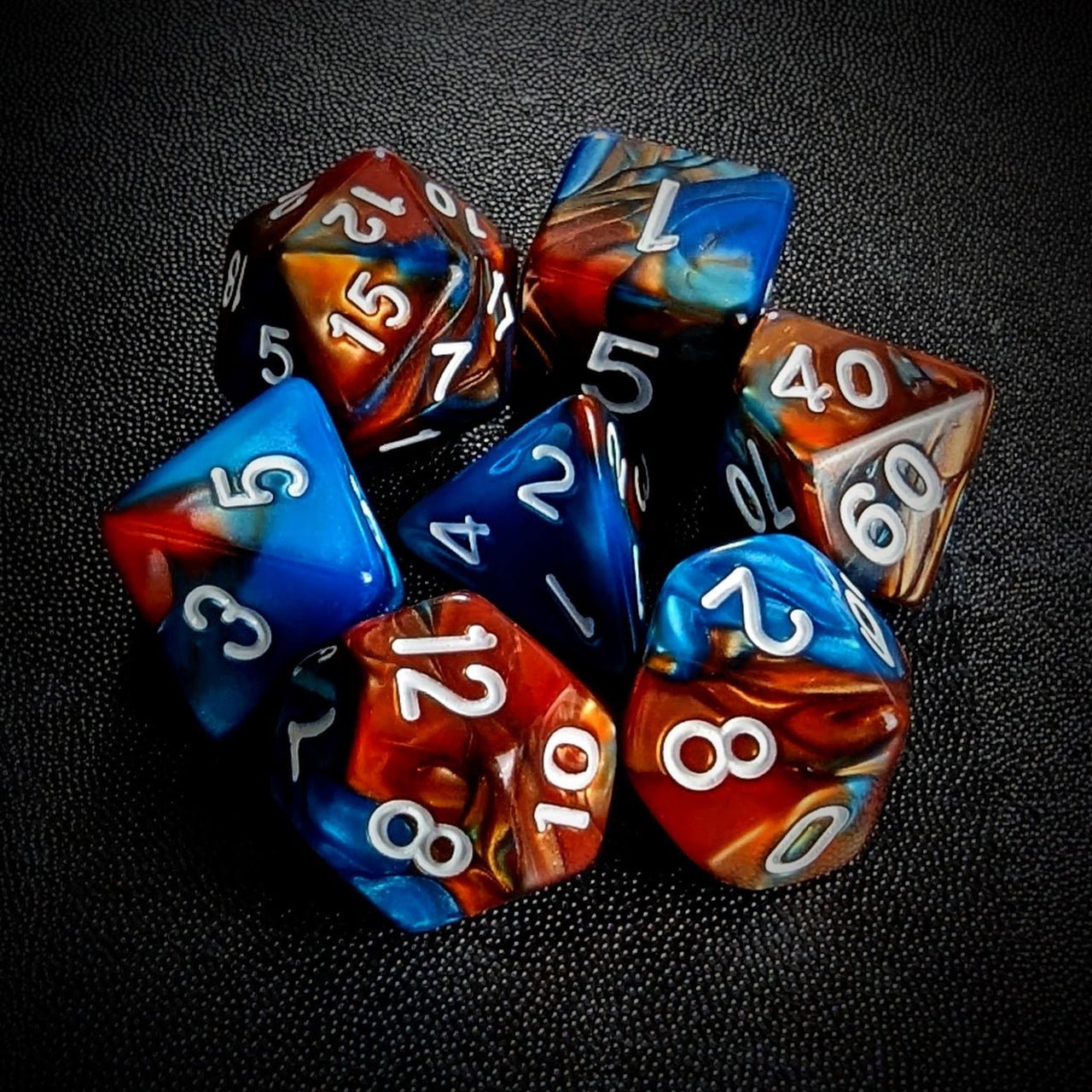 Blend of Orange & Blue Acrylic - 7pcs RPG Full Dice Set Top