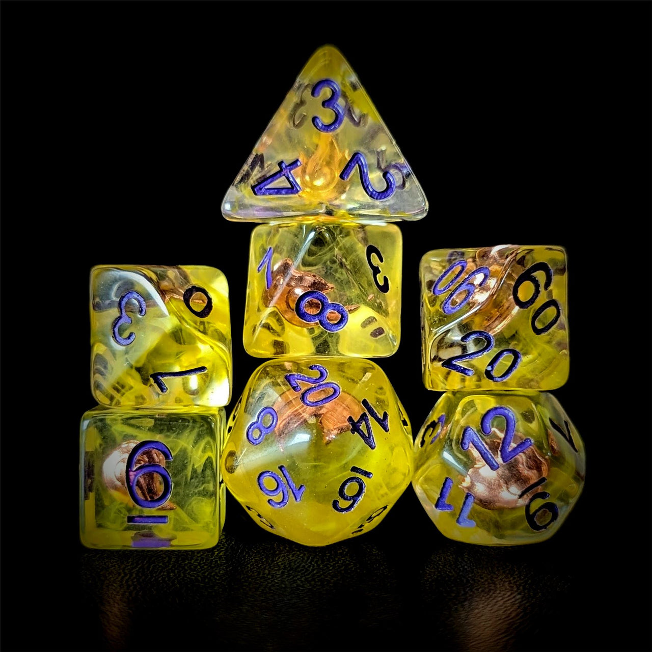 Fire in Clear & Yellow Resin - 7pcs RPG Full Dice Set