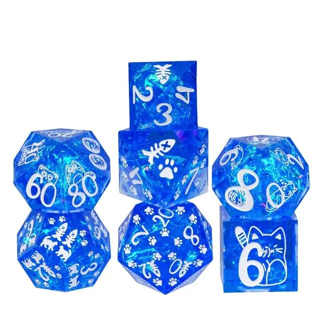 Cats on Blue with Candy Sharp Resin - 7pcs RPG Dice Set