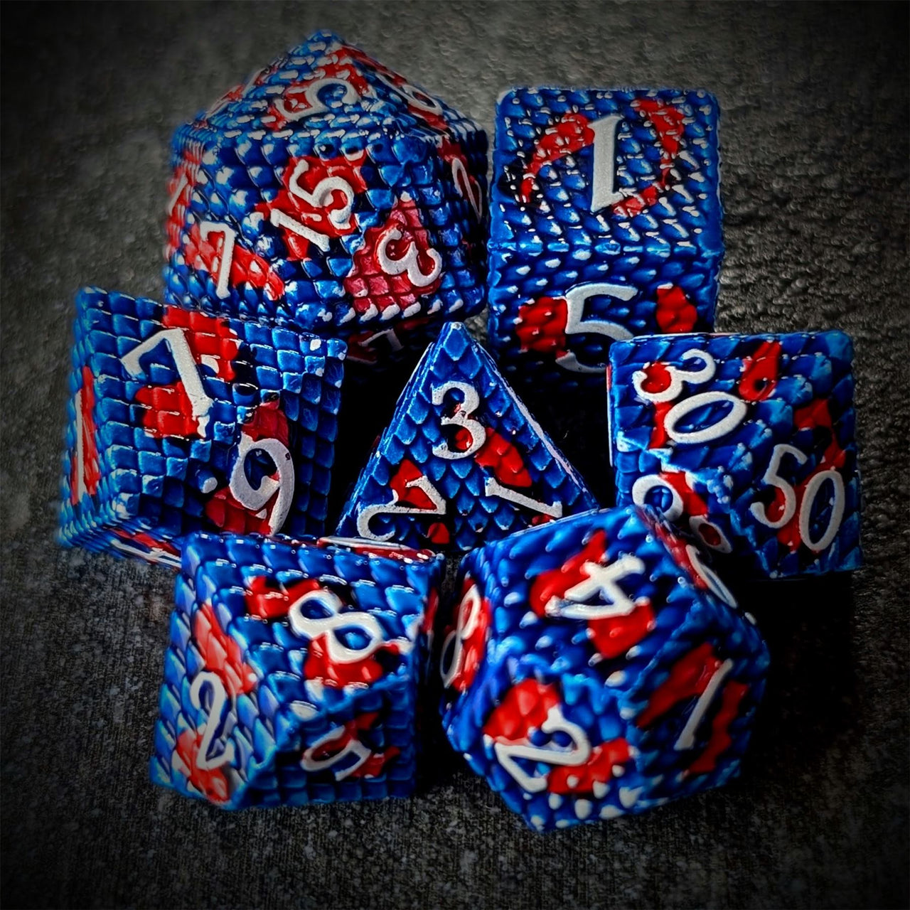 Red & Blue Dragon Scale Metal - 7pcs RPG Dice Set