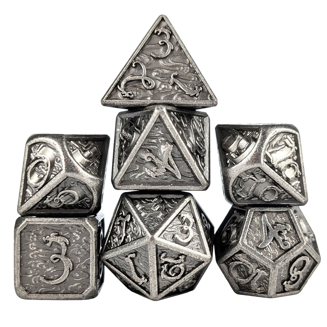 Silver Metal with Dragon Font - 7pcs RPG Dice Set