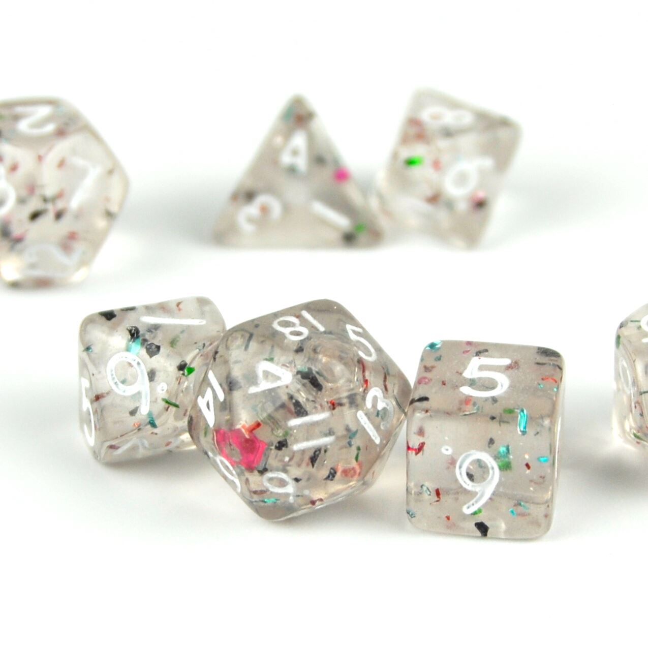 Glitter in Clear Acrylic - 7pcs RPG Mini Dice Set