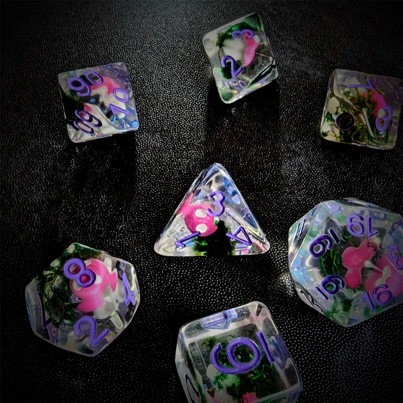 Pink Mushroom in Clear Resin - 7pcs RPG Full Dice Set