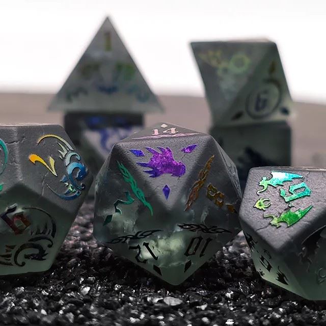 Dragon on Cracked & Frosted Grey Glass - 7pcs RPG Dice Set