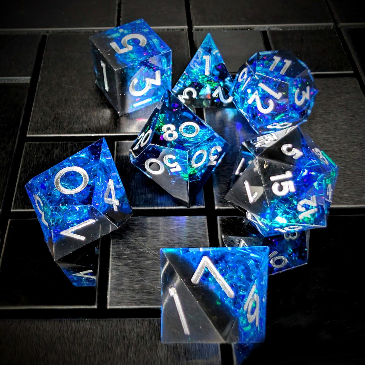 7pcs Dice Sharp Candy Silver Font Blue Black