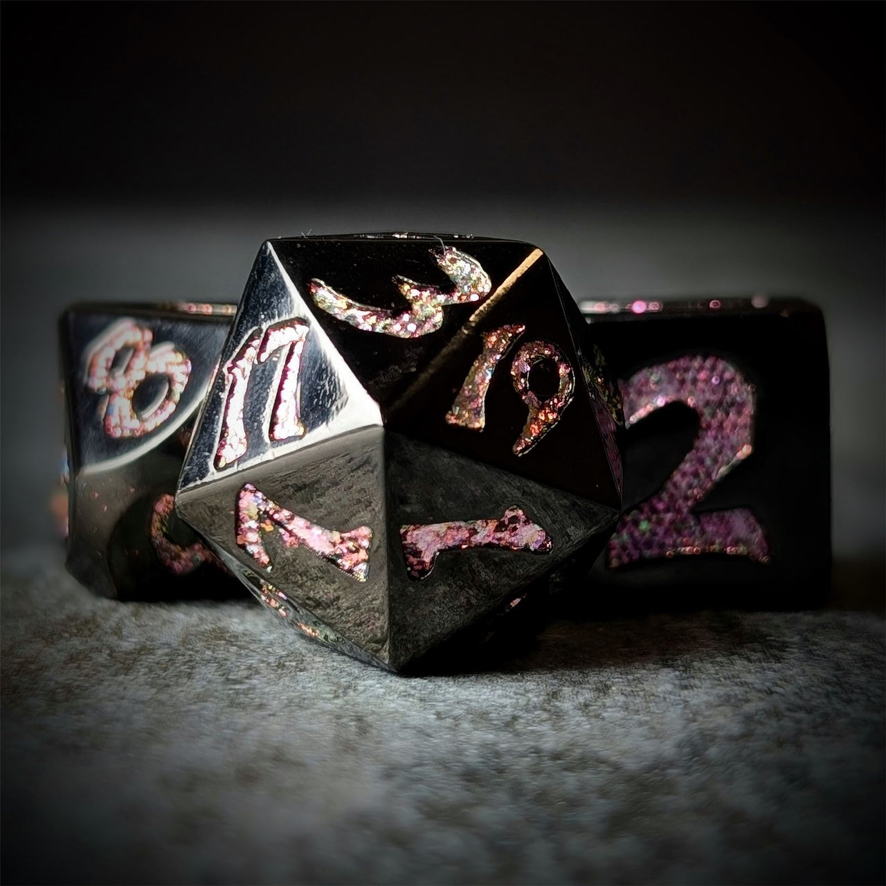 Pink & Yellow Font in Black Metal - 7pcs RPG Dice Set