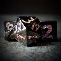 Thumbnail for Pink & Yellow Font in Black Metal - 7pcs RPG Dice Set