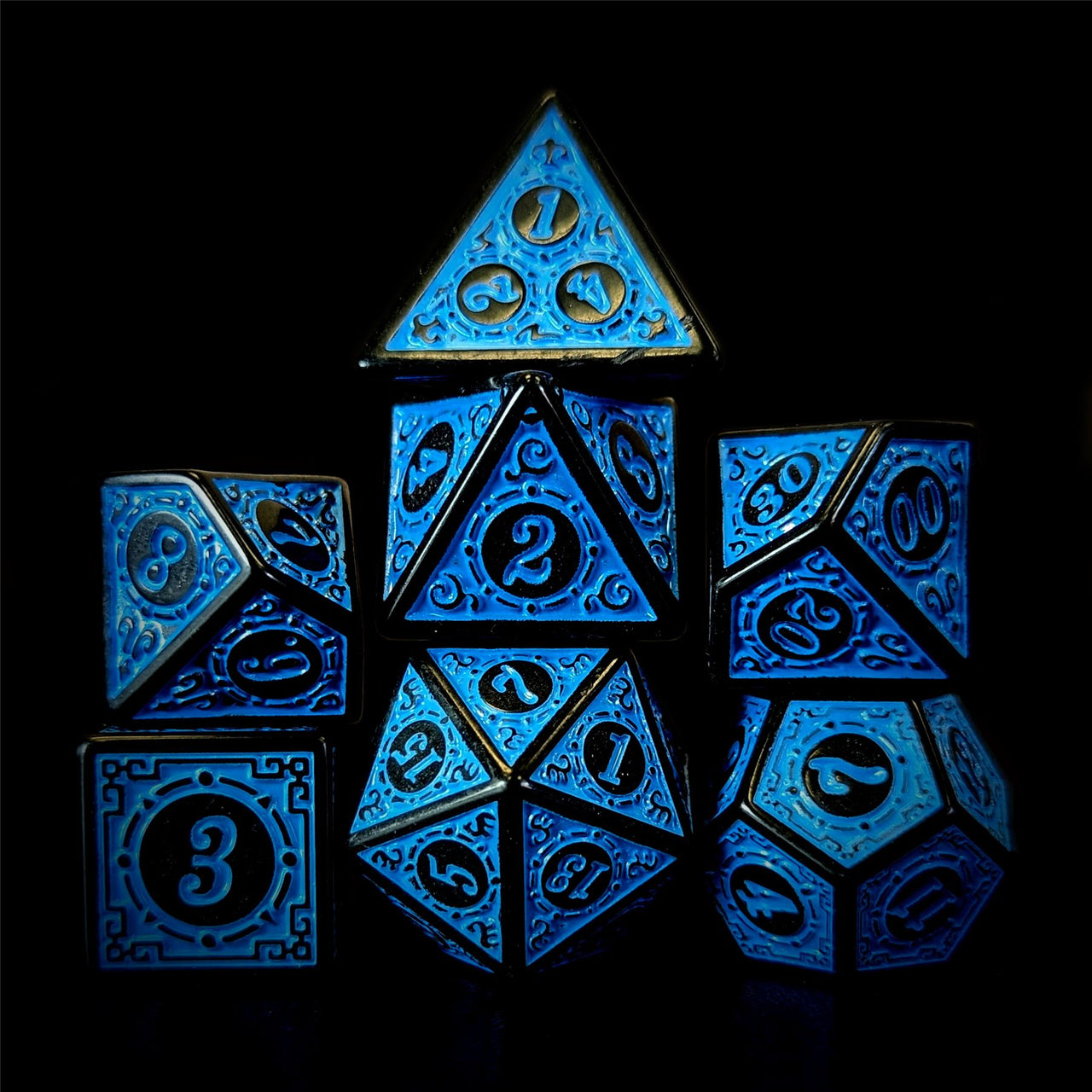 Blue Lattice on Black Acrylic - 7pcs RPG Full Dice Set Dark Stack