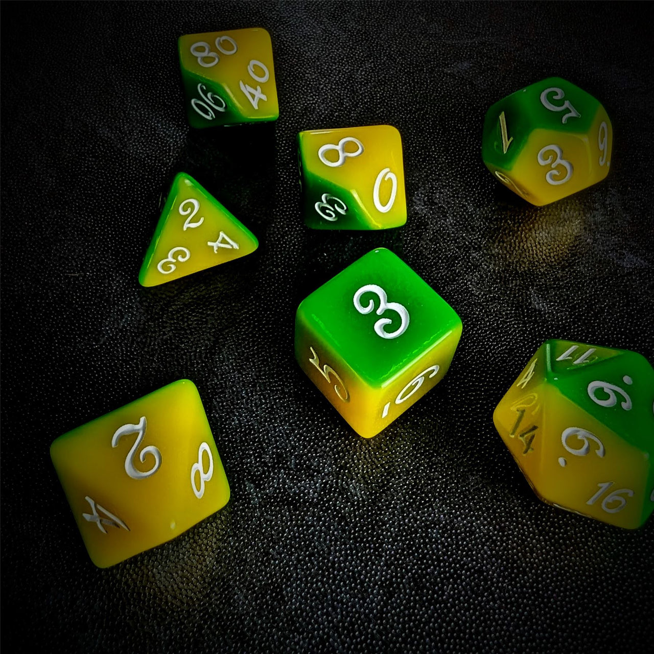 Blend of Yellow & Green Acrylic - 7pcs RPG Full Dice Set Scatter