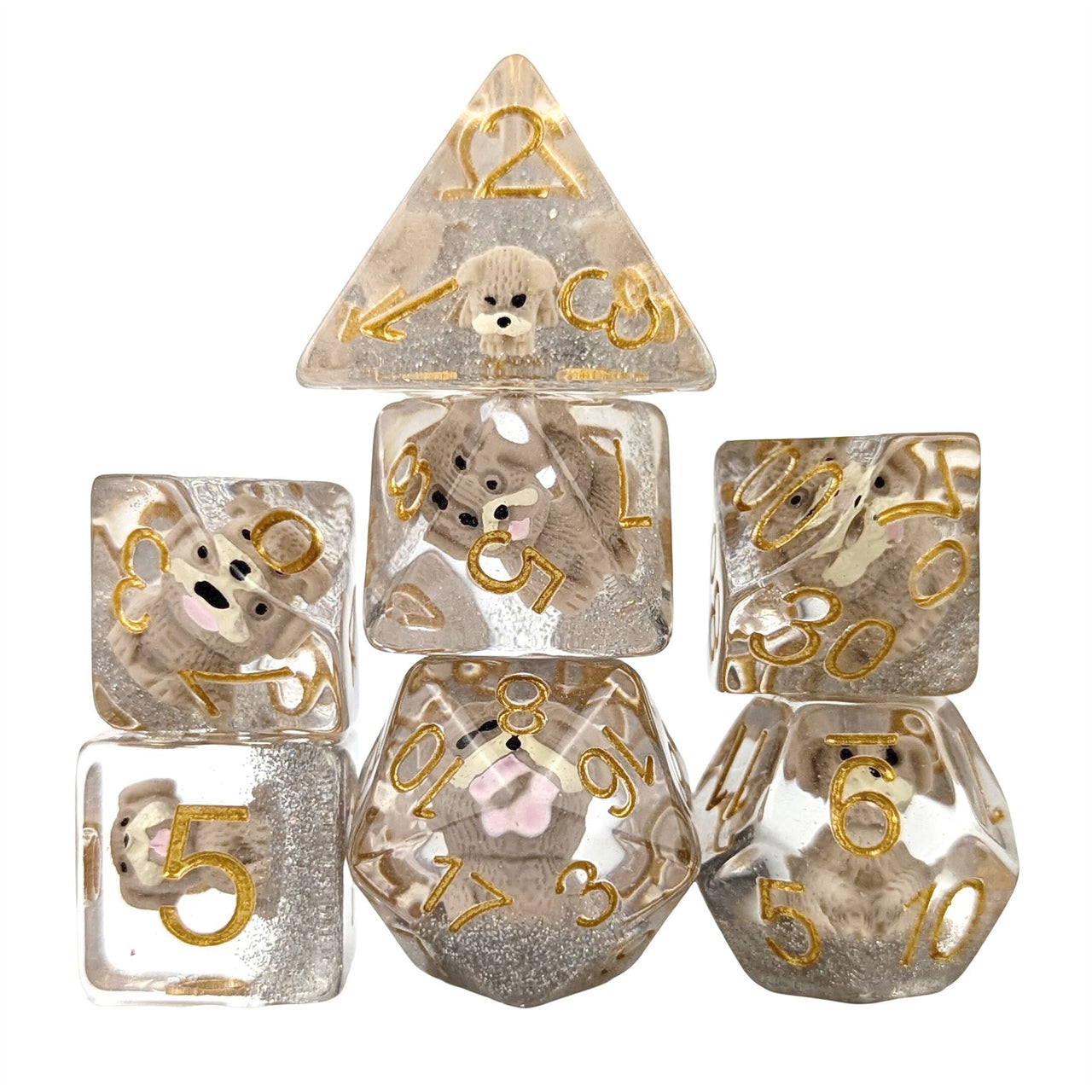 White Dog in Clear Resin - 7pcs RPG Full Dice Set