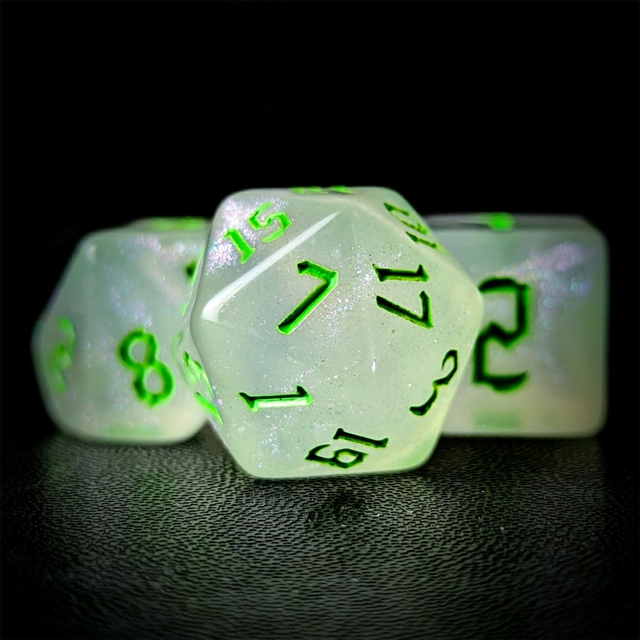 Glitter in White Acrylic with Green Font - 7pcs RPG Full Dice Set Close