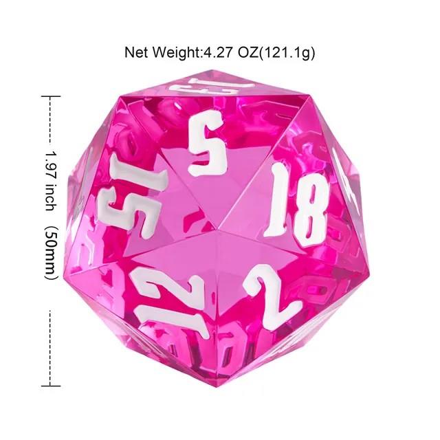 D20 Dice Acrylic 55mm  White Font Clear White Pink