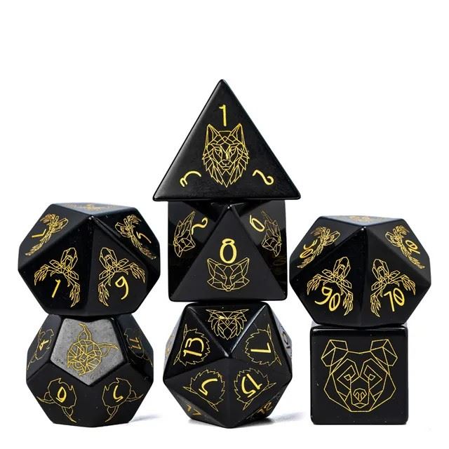 Beasts on Black Obsidian Gemstone - 7pcs RPG Dice Set