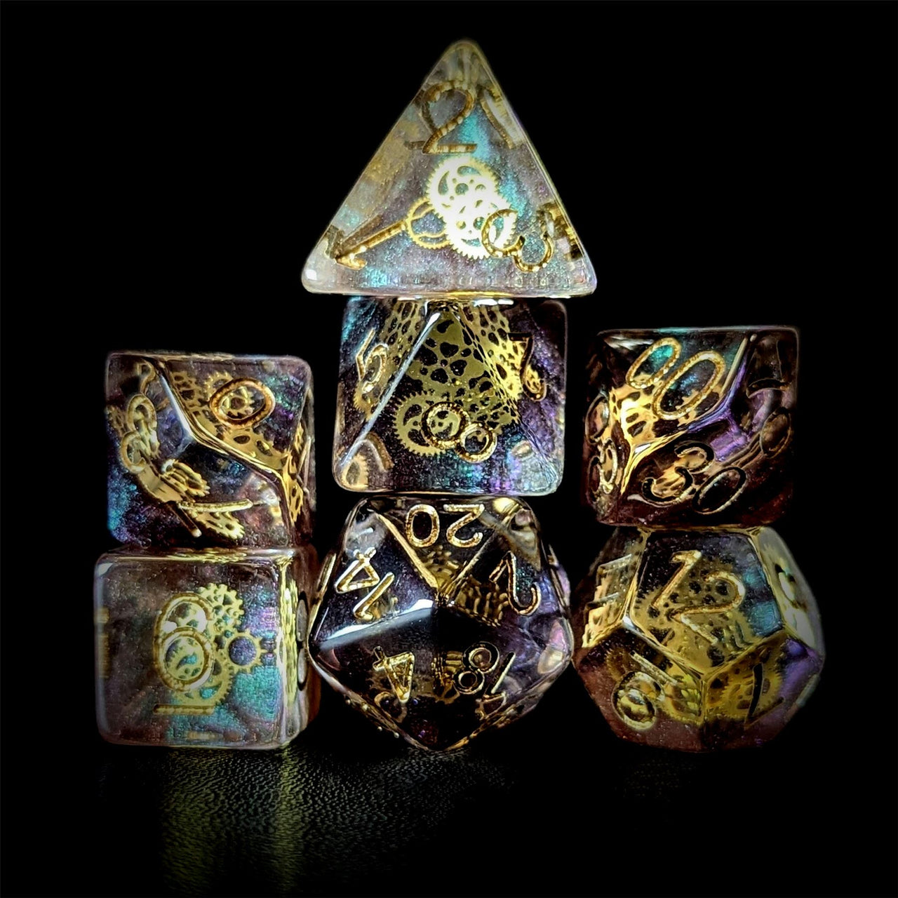 Cogs in Clear & Purple Resin - 7pcs RPG Full Dice Set