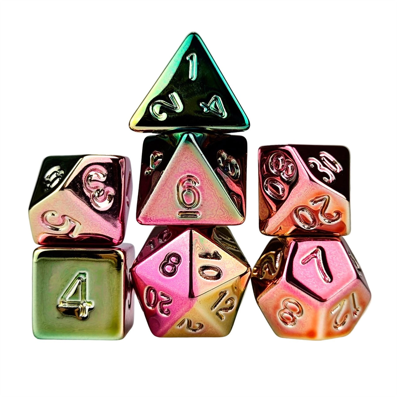 Yellow, Pink & Green Metallic Acrylic - 7pcs RPG Dice Set