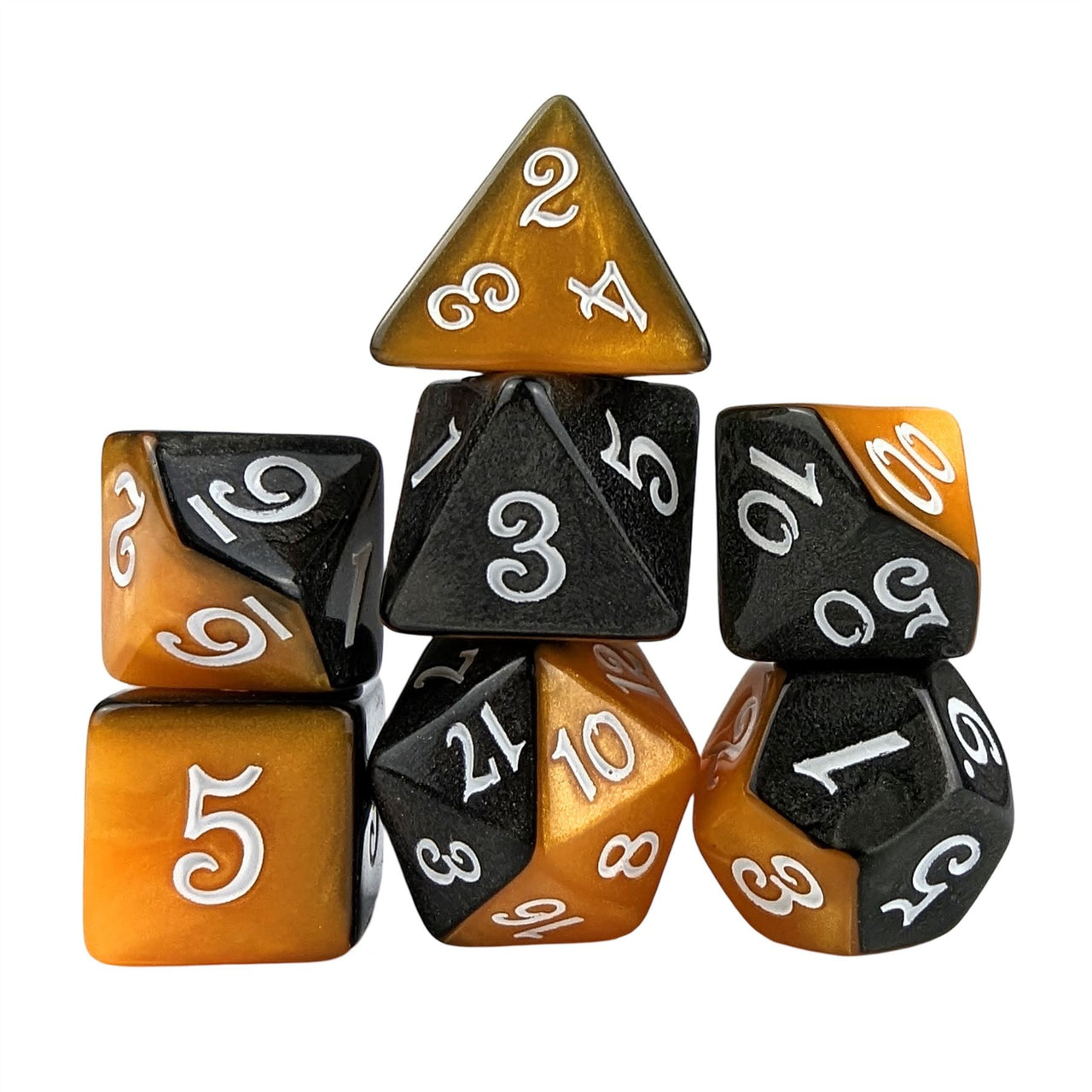 Blend of Black & Orange Acrylic - 7pcs RPG Full Dice Set White Stack