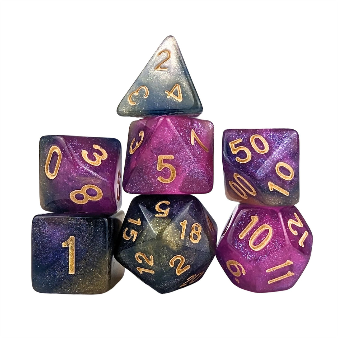 Glitter in Purple & Blue Acrylic - 7pcs RPG Full Dice Set White Stack