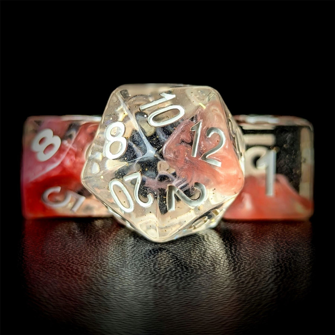 Pink Swirl in Clear Resin - 7pcs RPG Full Dice Set
