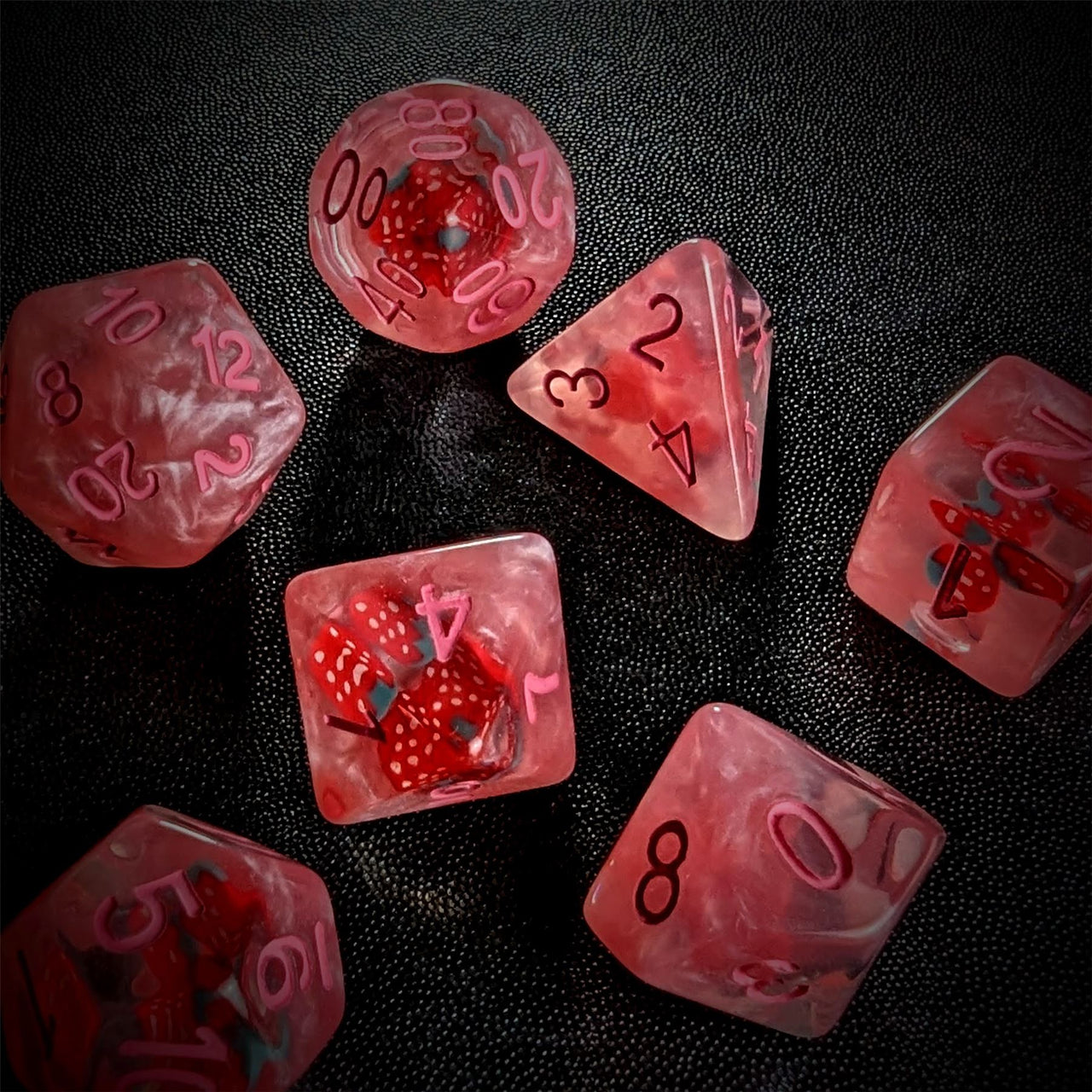 Strawberry in Clear & Pink Resin - 7pcs RPG Full Dice Set